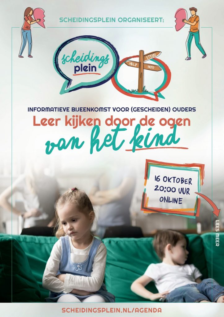 Flyer van webinar scheidingsplein met twee verdrietige kinderen op een groene bank en ruziënde ouders vaag in de achtergrond