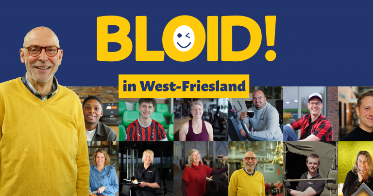 bovenaan in gele letter op een blauwe achtergrond: bloid! Links staat een ouder meneer in een gele trui. Daarnaast en onder de letters 12 blokjes met in elk blokje een foto van een persoon