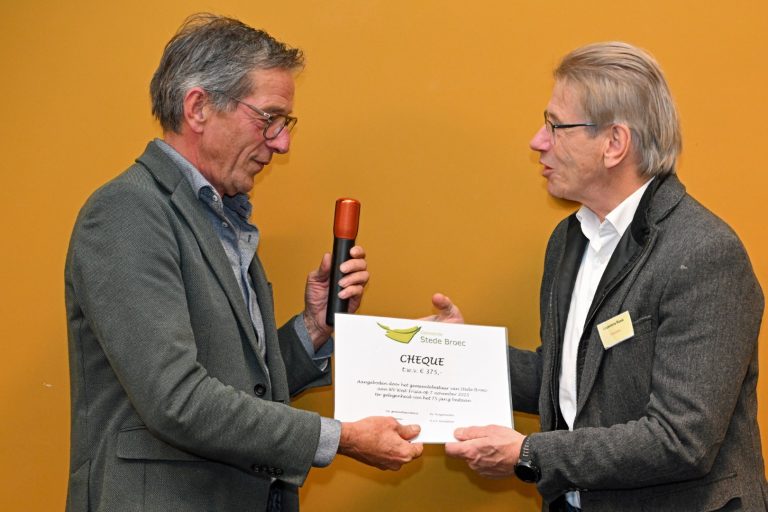 gele achtergrond. Links de wethouder die een witte cheque overhandigd aan een meneer die aan de rechterkant staat. Ze hebben allebei een grijze jas aan. De wethouder heeft ook nog een rode microfoon in zijn hand.