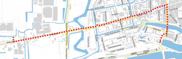 Kaart met route protestmars: vanaf het station via de Spoorstraat, Venedie en Melkmarkt naar de Westerstraat en vandaar naar het Westeinde.