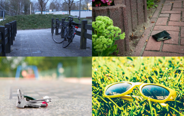 Vier foto's. Linksboven fiets tegen een hek, rechtsboven portomonnaie op de stoep, linksonder sleutels op straat, rechtsonder gele zonnebril op het gras.